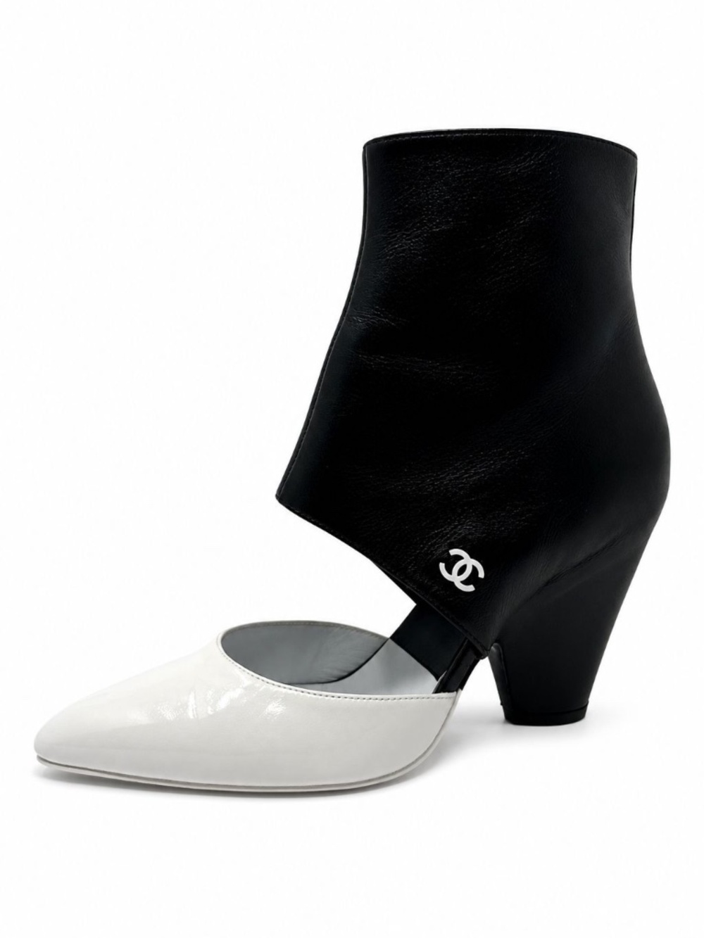 CHANEL Cruise 2020 Runway Two-Tone Cut-Out Booties Black Leather White Patent 37